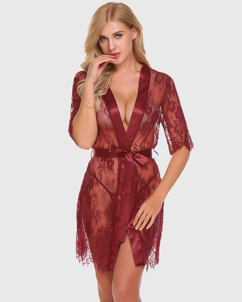 Dark red sheer lace kimono robe with deep V-neck and satin tie belt, short length