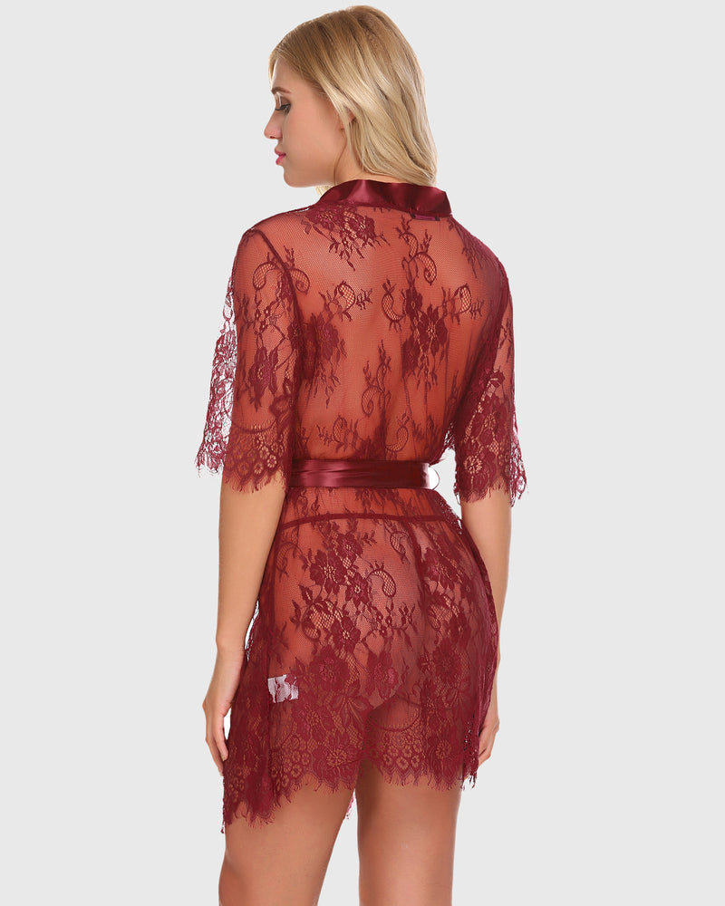 Dark red sheer lace kimono robe with lace back and satin waist tie, scalloped hem