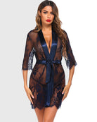 Navy sheer lace kimono robe with V-neck and satin tie belt, thigh-length lace
