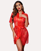 Red floral sheer lace kimono robe with V neckline, tie sash, and lace sleeves