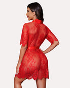 Red floral sheer lace kimono robe, back view, waist tie and lace hem