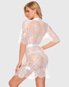 White sheer lace kimono robe with lace back, satin waist tie, fringe hem at sides