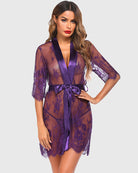 Purple sheer lace kimono robe with V-neck and satin tie belt, short lace hem