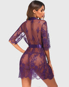 Purple sheer lace kimono robe with open back and satin waist tie, scalloped lace hem