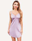 Lilac satin mini slip sleepdress with lace V-neck and scalloped lace trim