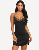 Satin mini slip dress with lace neckline, dark black color