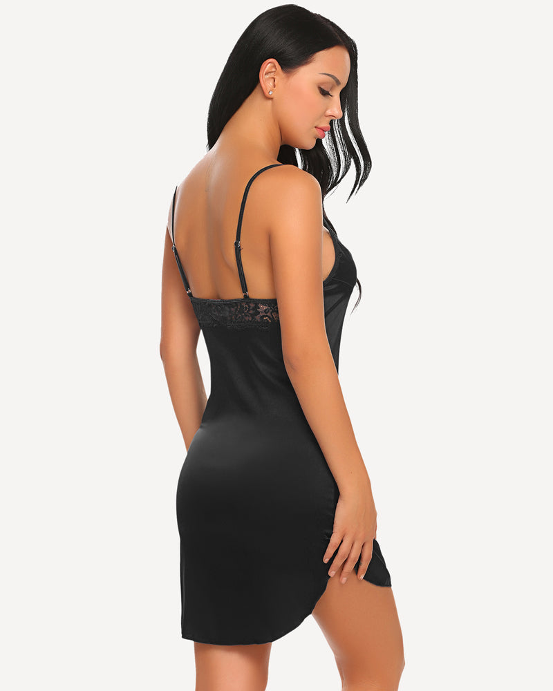 Satin mini slip dress with lace back panel, black color