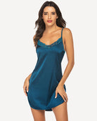 Teal satin lace mini slip sleepdress with V-neckline and lace-trim straps