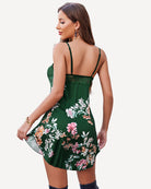 Green floral satin mini full slip dress, lace trim back and thin spaghetti straps