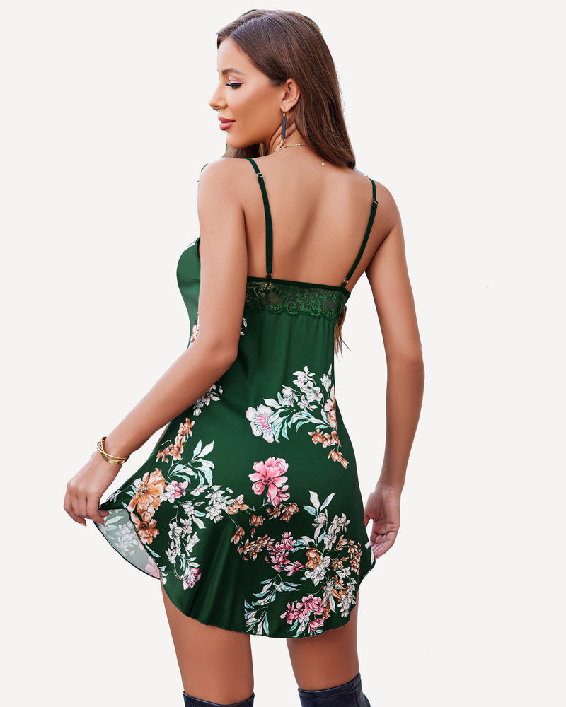Green floral satin mini slip sleepdress back view with lace panel and thin straps
