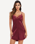 Wine satin mini full slip dress with scalloped lace neckline and thin straps