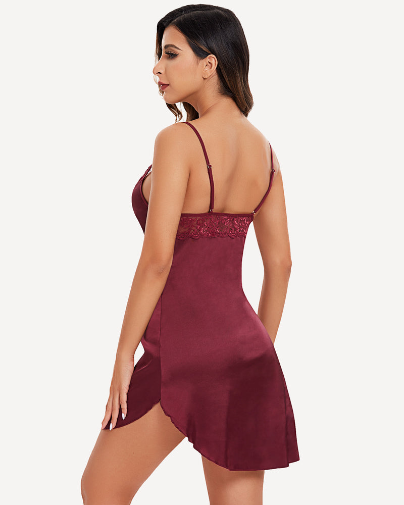 Wine red satin mini slip sleepdress with lace back yoke and thin adjustable straps