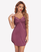 Mauve satin lace mini slip sleepdress with lace V-neck, thin straps, short hem