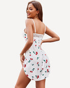 Floral satin mini slip dress with lace trim straps, white with red and green print