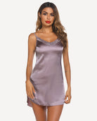 Lilac satin lace mini slip sleepdress with lace V-neck and thin shoulder straps
