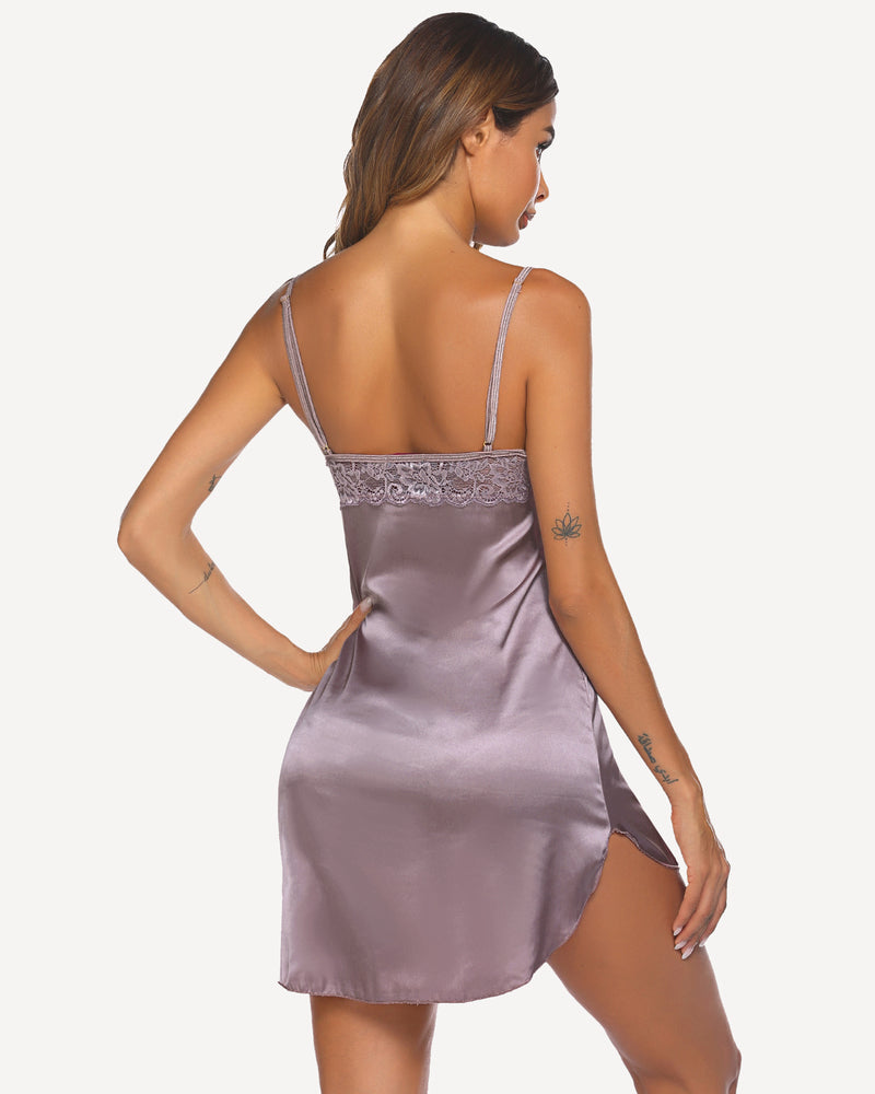 Lilac satin mini slip sleepdress with lace back yoke and adjustable thin straps