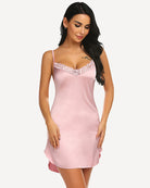 Pink satin mini slip sleepdress with lace V-neck and scalloped lace trim