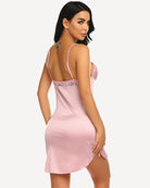 Pink satin mini full slip dress with lace bodice and open back