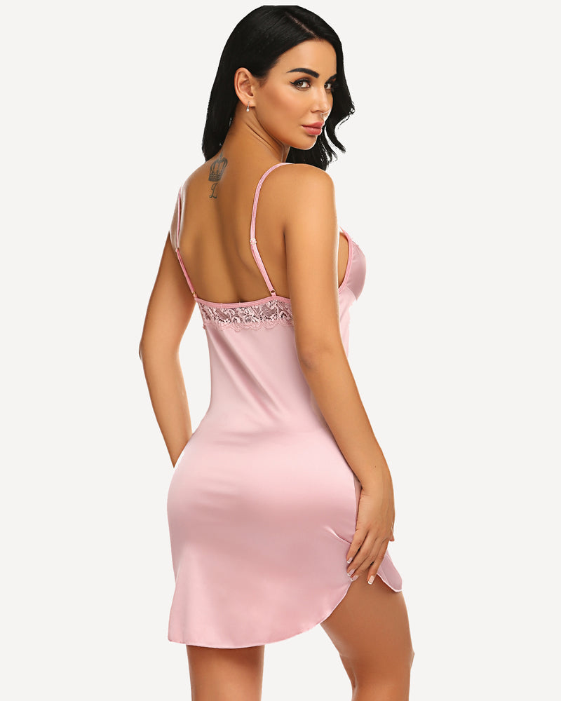 Pink satin mini full slip dress with lace bodice and open back
