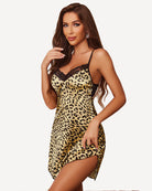 Leopard satin mini slip sleepdress with black lace trim and spaghetti straps