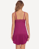 Magenta satin mini slip sleepdress with lace back panel and spaghetti straps