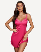 Fuchsia satin mini slip sleepdress with lace-trim V neckline and thin straps