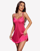 Hot pink satin lace mini slip sleepdress with lace V-neck, thin straps, above-knee hem