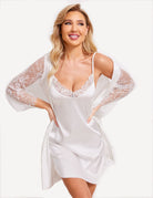 White satin mini slip dress with lace-trim bust and sheer lace sleeves overlay
