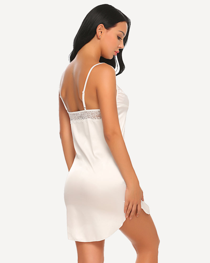 White satin mini slip sleepdress with lace-trim back and narrow adjustable straps
