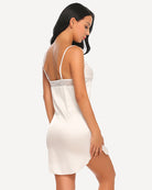 White satin mini slip dress with lace-trim back and thin adjustable straps