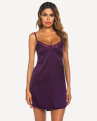 Deep purple satin mini slip sleepdress with lace-trim V neckline and spaghetti straps