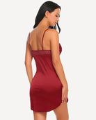 Burgundy red satin lace mini slip sleepdress, low back, lace-trim bust, above-knee