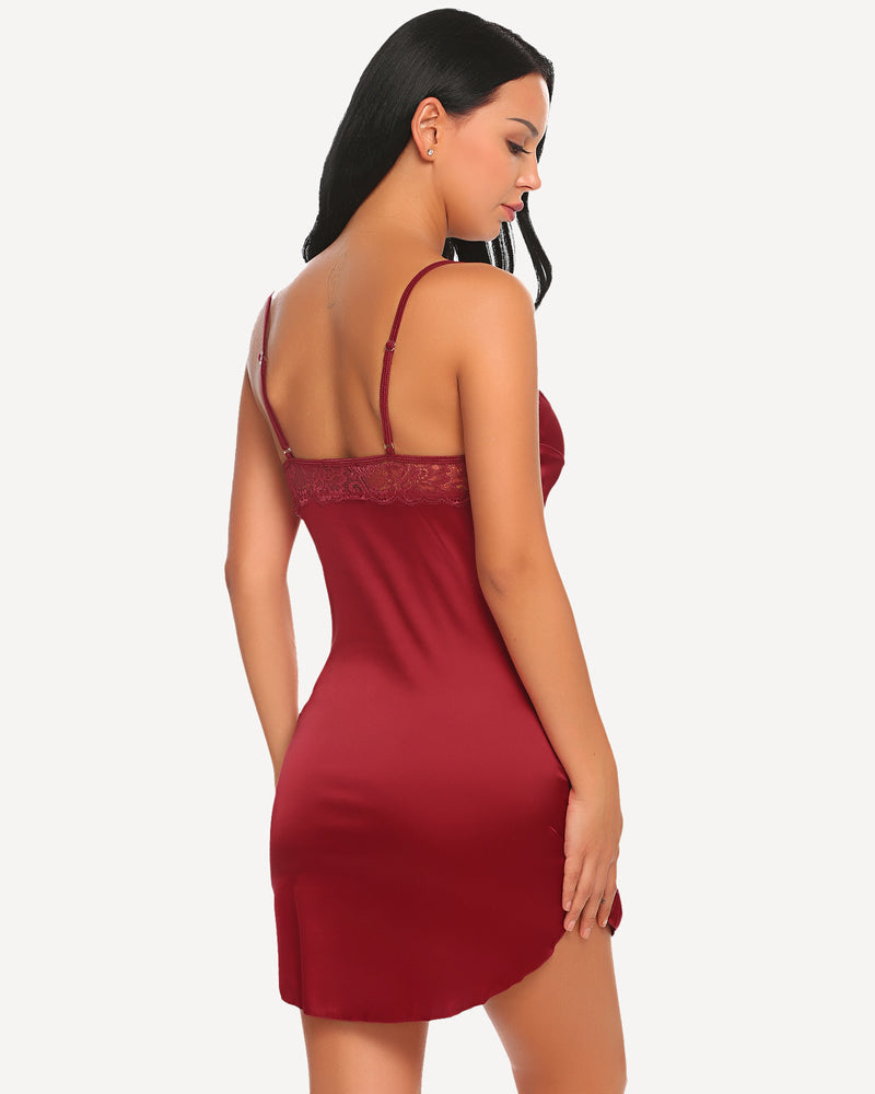 Burgundy red satin lace mini slip sleepdress, low back, lace-trim bust, above-knee