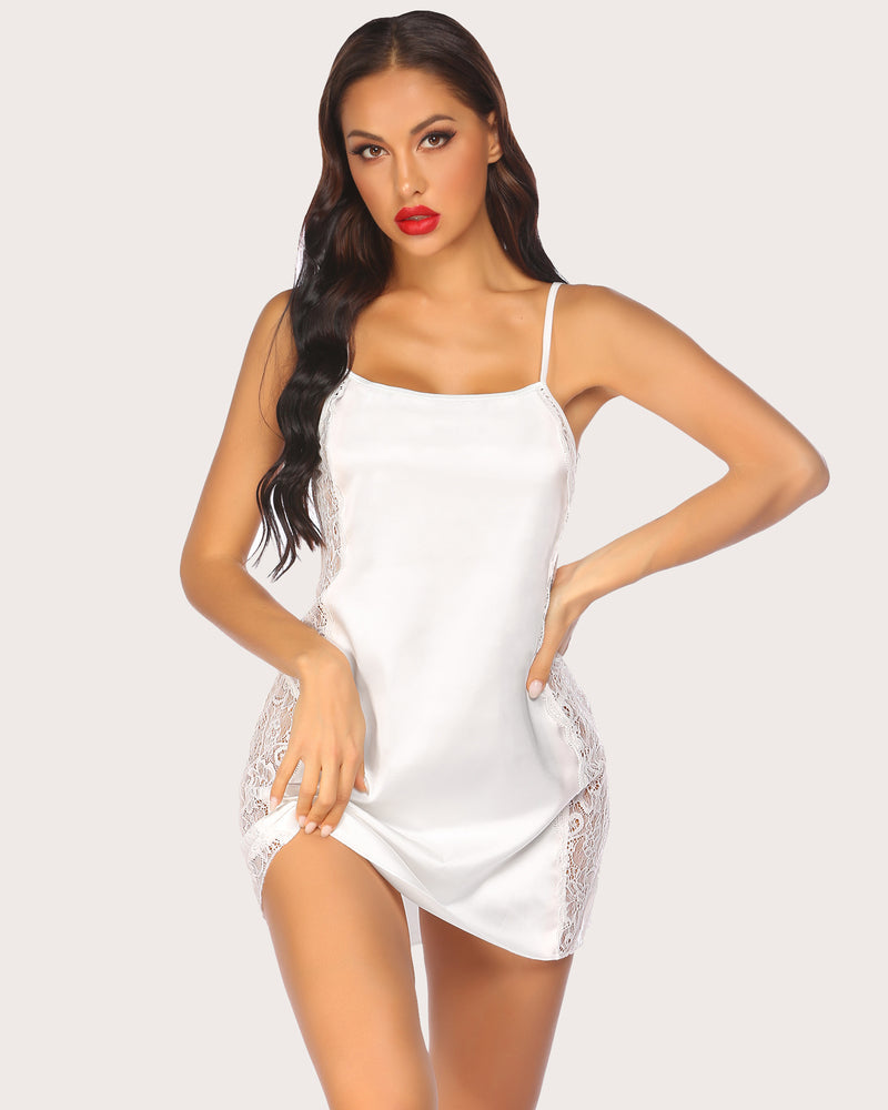 Satin lace chemise in white satin, lace side and hem accents, spaghetti straps