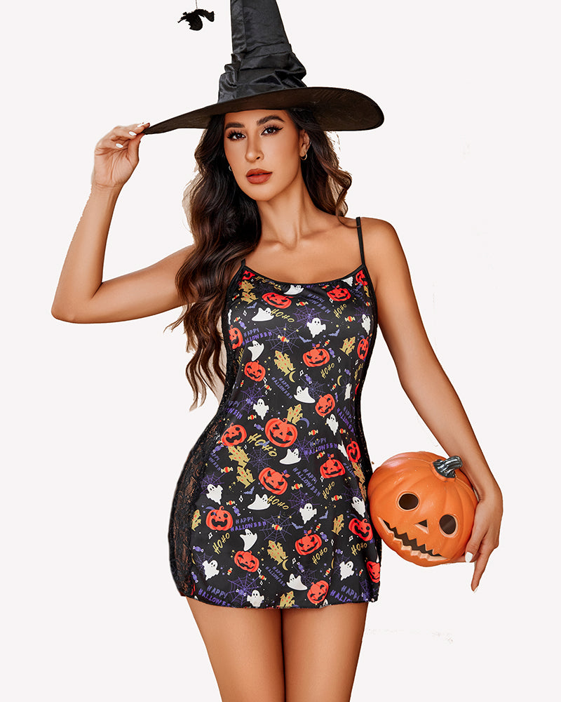Black satin lace chemise slip dress with Halloween jack-o'-lantern print