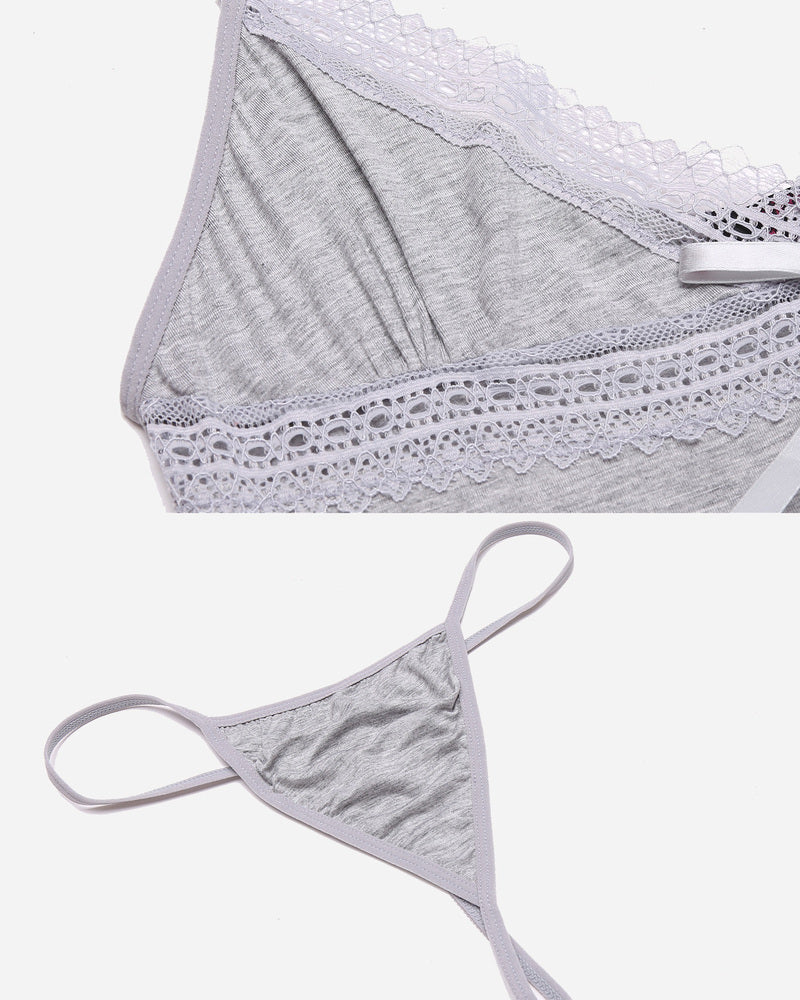 Lace-trim hem chemise with heather grey thong and thin adjustable straps