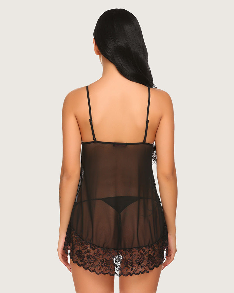 Black lace mesh mini chemise nightie, back view with lace-trim hem and sheer panel