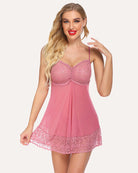Pink lace mini chemise nightie with underwire lace cups and scalloped lace hem, straps