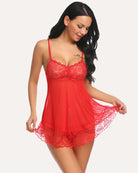 Red lace mini chemise mesh nightie with lace bust detail and scalloped lace hem
