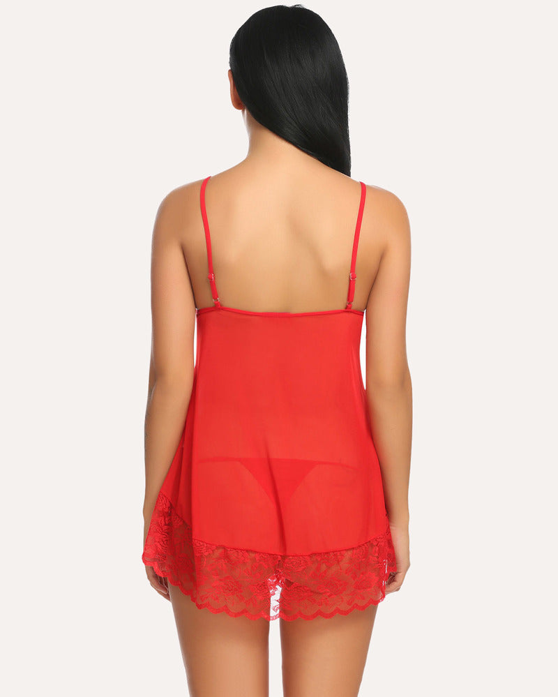 Red mini chemise nightie with lace-trim straps, sheer mesh back, scalloped lace hem