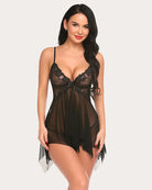 Black lace babydoll lingerie with scalloped cups, bow front, sheer skirt and tulle hem
