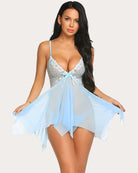Lace babydoll lingerie, light blue lace bodice with ribbon bow and flared tulle skirt