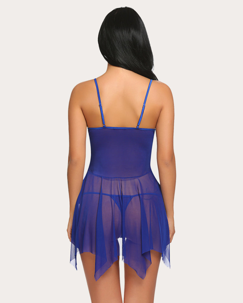 Royal blue lace babydoll lingerie back view with thin straps and tiered sheer skirt
