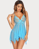Lace babydoll lingerie, light blue lace bodice with bow and babydoll tulle skirt