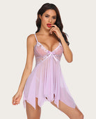 Lace babydoll lingerie, lilac/pink lace-trim bodice with ribbon bow and asymmetrical tulle hem