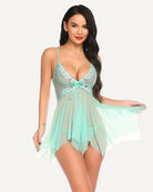 Plus size lace babydoll lingerie, light blue lace bodice with ribbon-tie and sheer skirt