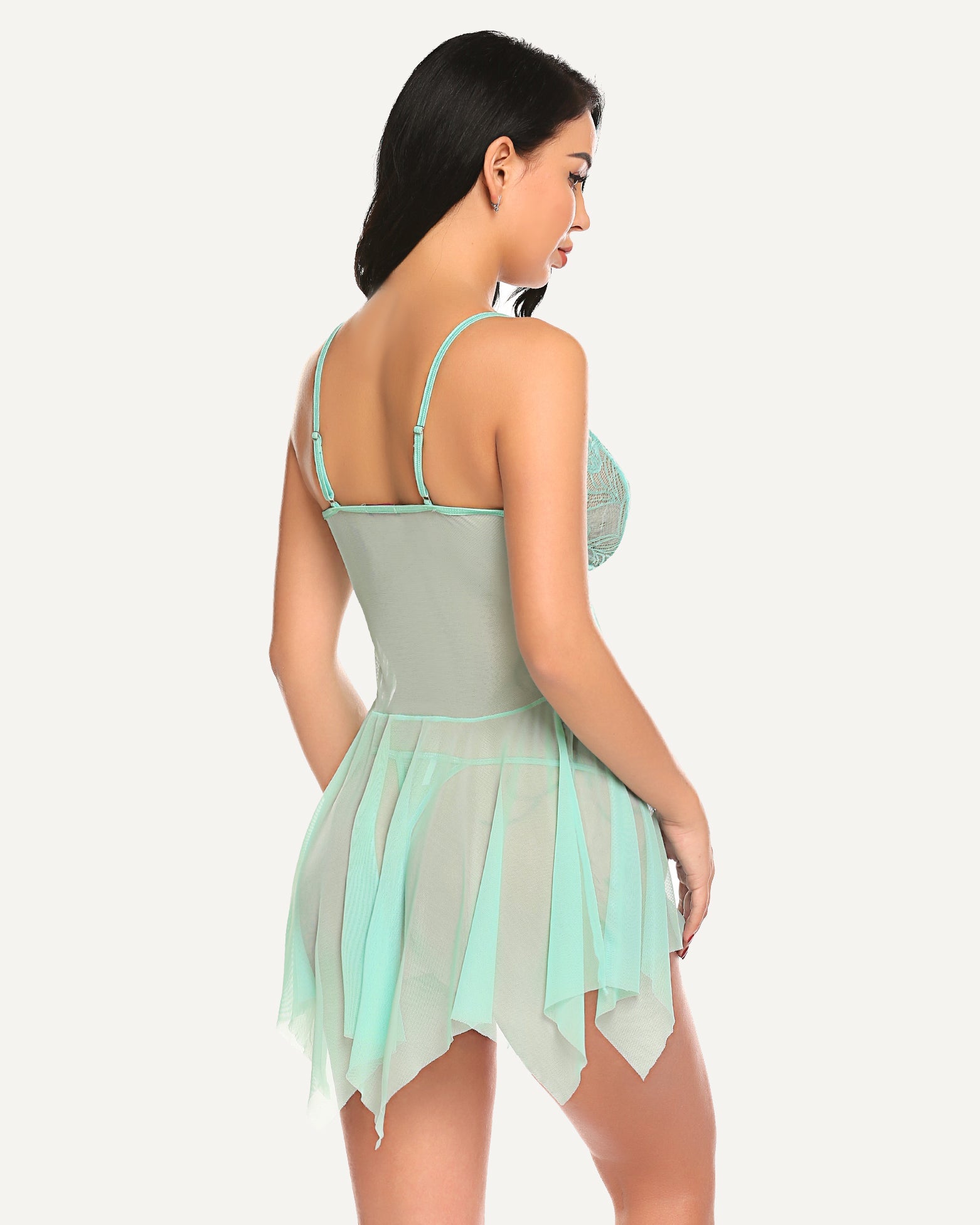 Plus size lace babydoll lingerie, light blue lace back with thin straps and layered sheer skirt