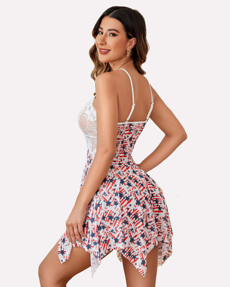 Flag print babydoll lingerie, white lace back panels and sheer pleated skirt