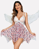 Flag print babydoll lingerie with white lace bodice, pleated sheer skirt, adjustable straps