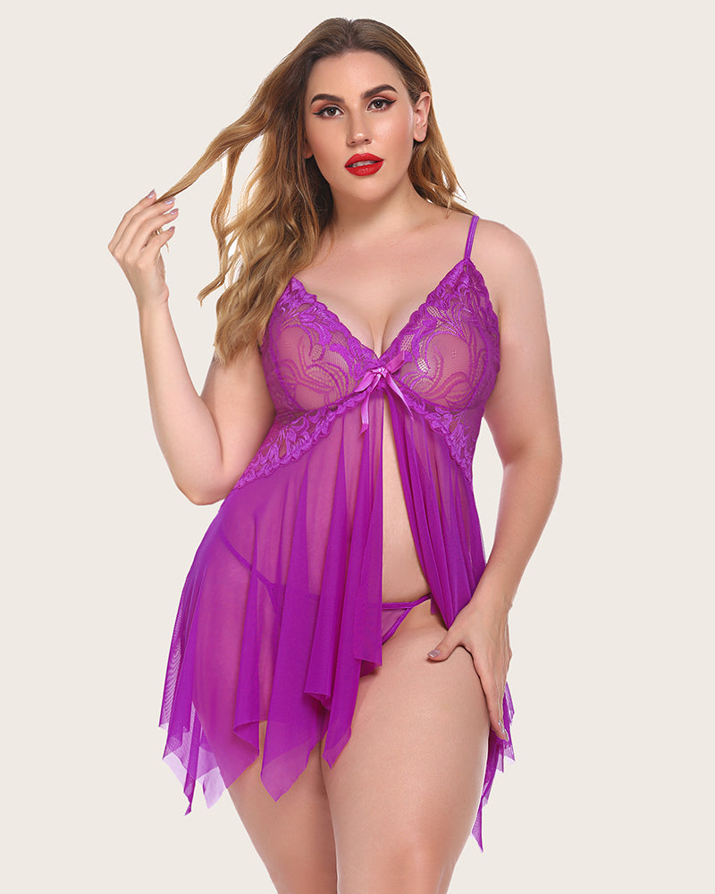Purple lace babydoll lingerie with tie-front lace cups, mesh skirt, thin straps.